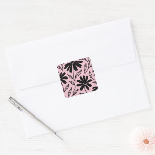 Black Ink Daisies Pink Boho Bridal Shower Square Sticker