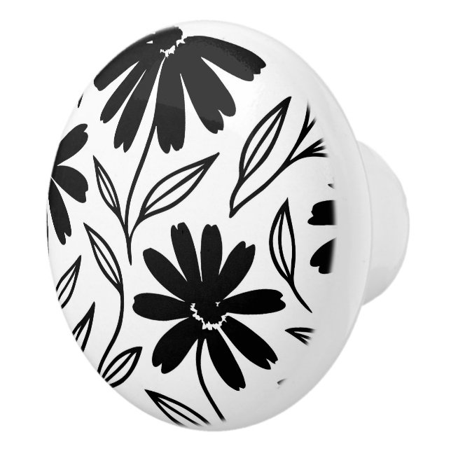 Black Ink Daisies White Boho  Ceramic Knob (Right)