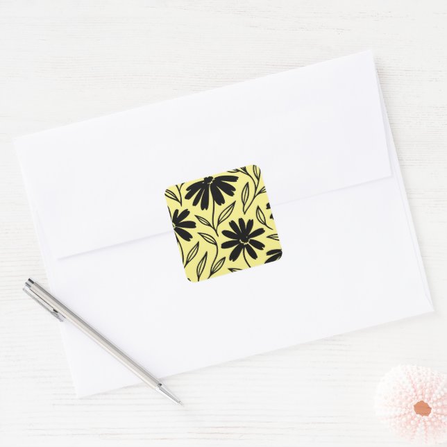 Black Ink Daisies Yellow Boho Bridal Shower Square Sticker (Envelope)