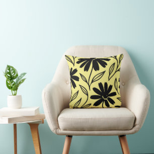 Black Ink Daisies Yellow Boho  Cushion