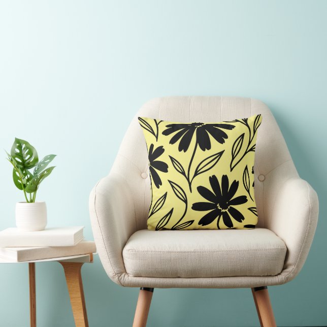 Black Ink Daisies Yellow Boho  Cushion (Chair)