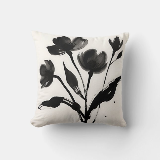 Black Ink Flower Bouquet Cushion (Front)