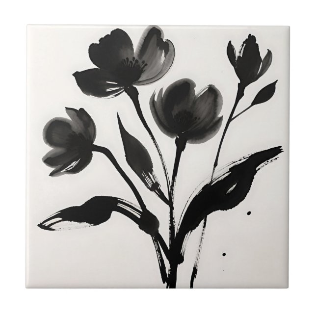 Black Ink Flower Bouquet Tile (Front)