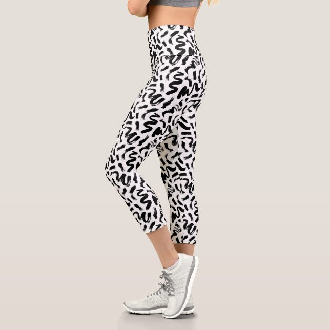 Black Ink Paint Brush Stroke Pattern Capri Leggings (Left)