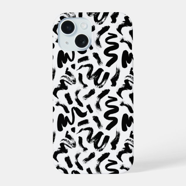 Black Ink Paint Brush Stroke Pattern iPhone 15 Case (Back)