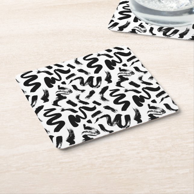 Black Ink Paint Brush Stroke Pattern Square Paper Coaster (Angled)