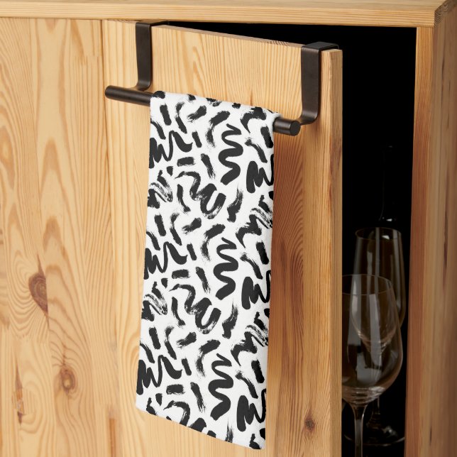 Black Ink Paint Brush Stroke Pattern Tea Towel (Thirds Fold)