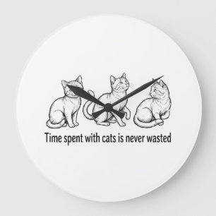 Black Ink Sketch of Three Cats with "Time spent wi Large Clock