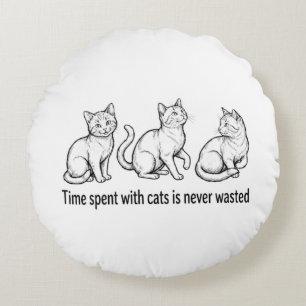 Black Ink Sketch of Three Cats with "Time spent wi Round Cushion