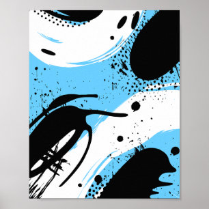 Black Ink Splashes on a Blue & White Background Poster