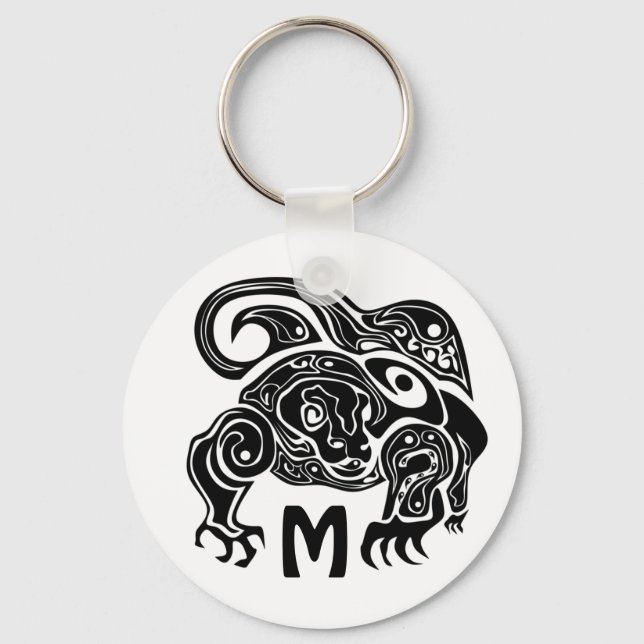 Black Ink Tribal Komo Dragon Silhouette Key Ring (Front)