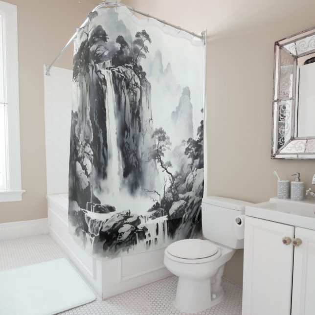 Black Ink Waterfall Shower Curtain (In Situ)