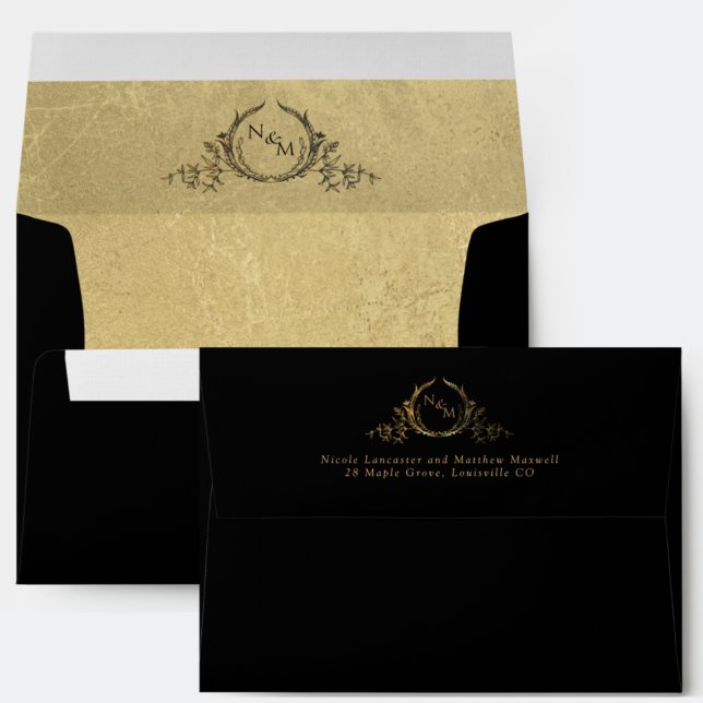 Black, Inside Gold, Elegant Monogram Wedding Envelope (Creator Uploaded)