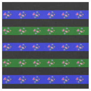 Black, Island green, royal blue folk flower stripe Fabric
