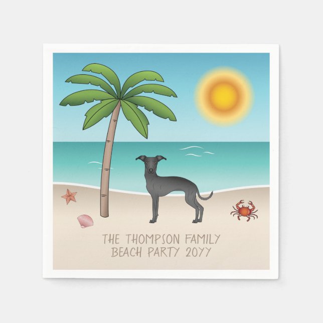 Black Italian Greyhound At Tropical Summer Beach Napkin (Front)
