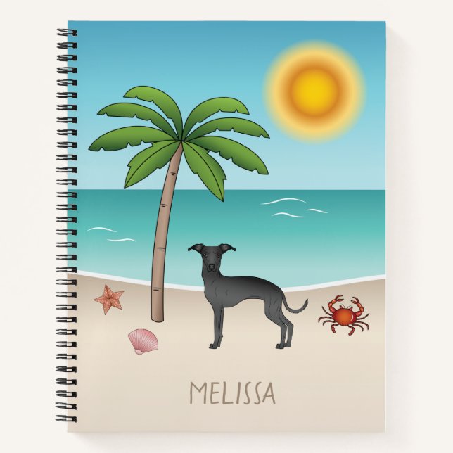 Black Italian Greyhound At Tropical Summer Beach Notebook (Front)