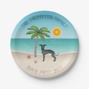 Black Italian Greyhound At Tropical Summer Beach Paper Plate