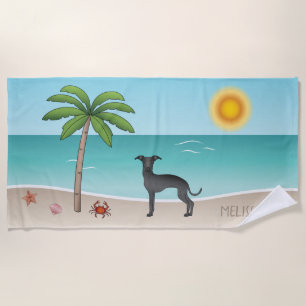 Black Italian Greyhound At Tropical Summer Beach - Towel