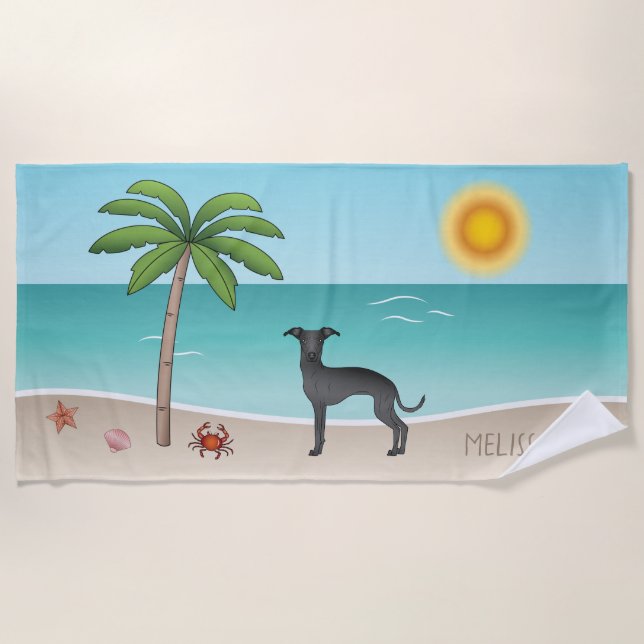 Black Italian Greyhound At Tropical Summer Beach - Towel (Front)