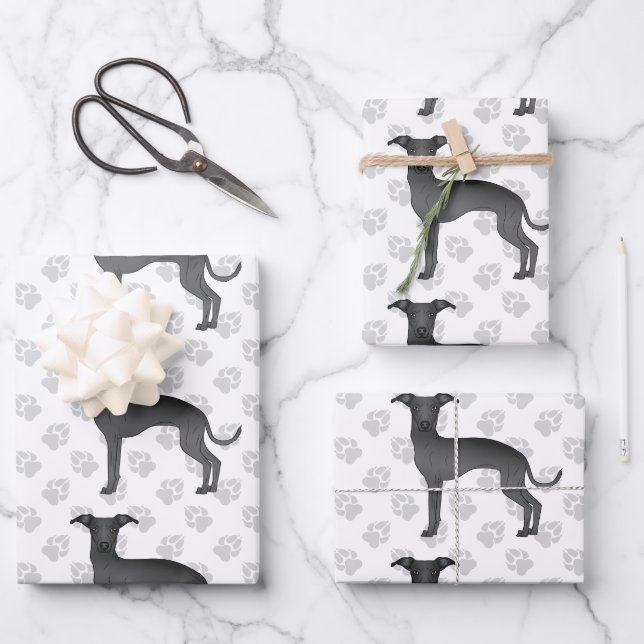 Black Italian Greyhound Cartoon Dogs With Paws Wrapping Paper Sheet (Front)