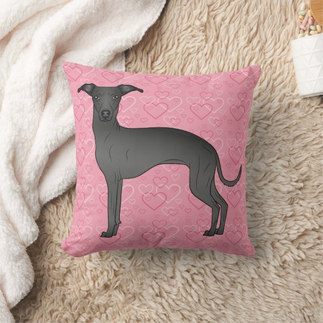 Black Italian Greyhound Cute Dog On Pink Hearts Cushion (Blanket)