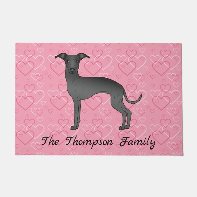 Black Italian Greyhound Cute Dog On Pink Hearts Doormat (Front)