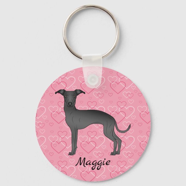 Black Italian Greyhound Cute Dog On Pink Hearts Key Ring (Front)