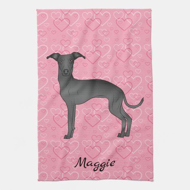 Black Italian Greyhound Cute Dog On Pink Hearts Tea Towel (Vertical)