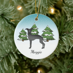Black Italian Greyhound Dog In A Winter Forest Ceramic Tree Decoration