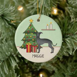 Black Italian Greyhound Dog With A Christmas Tree Ceramic Tree Decoration