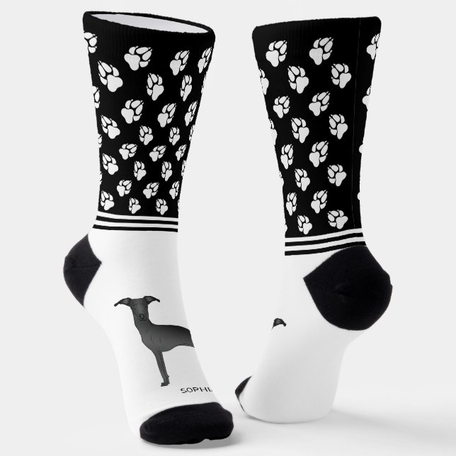 Black Italian Greyhound Dog With Name And Paws Socks (Angled)