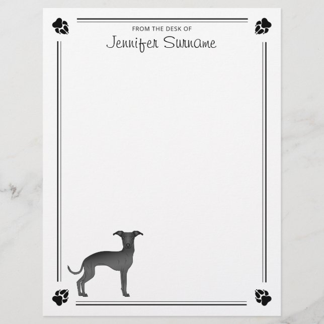 Black Italian Greyhound With Paws And Custom Text Custom Letterhead (Front)