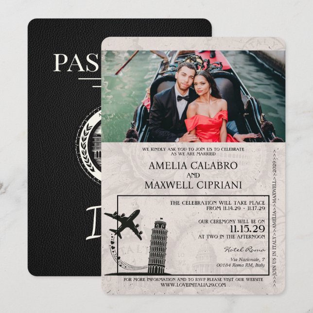 Black Italy Passport Wedding Invitation (Front/Back)