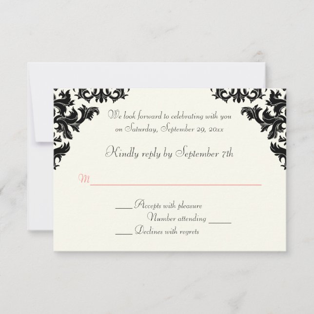 Black, Ivory, and Coral Damask RSVP Card (Front)