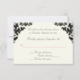 Black, Ivory, and Coral Damask RSVP Card
