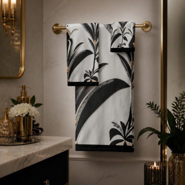 Black & Ivory Art Deco Floral Bath Towel Set (Creator Uploaded)