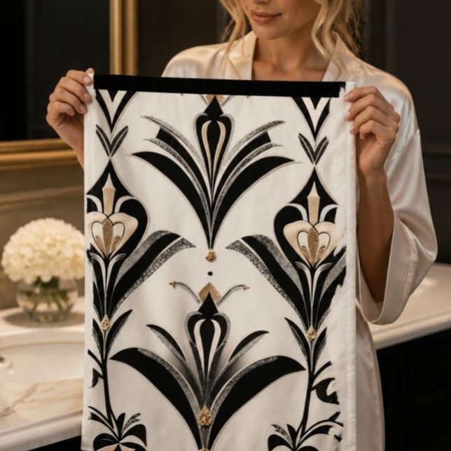 Black & Ivory Art Deco Floral Bath Towel Set (Creator Uploaded)