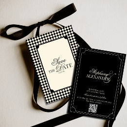 Black & Ivory Chequered Old Money QR Code Wedding Save The Date