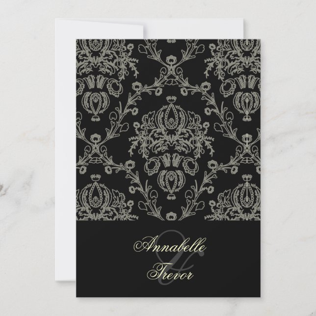 Black/ivory cream lace/damask, custom wedding invitation (Front)