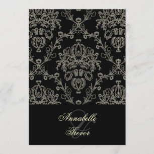 Black/ivory cream lace/damask, custom wedding invitation