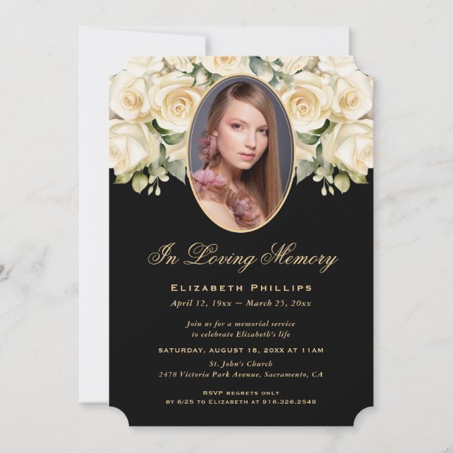 Black Ivory Cream Rose Photo Funeral Memorial Invitation (Front)