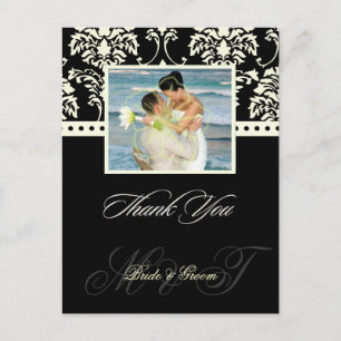Black + Ivory Damask Thank You Photo postcards, Postcard