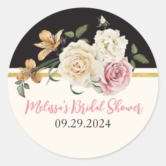 Black, Ivory, Gold Floral Bouquet Classic Round Sticker (Front)