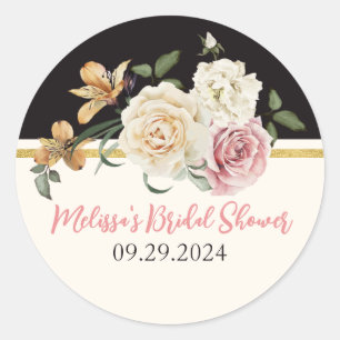 Black, Ivory, Gold Floral Bouquet Classic Round Sticker
