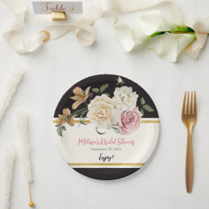 Black, Ivory, Gold Floral Bouquet Paper Plate