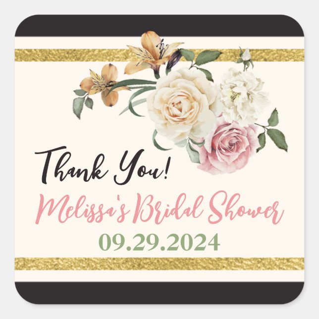 Black, Ivory, Gold Floral Bouquet Square Sticker (Front)