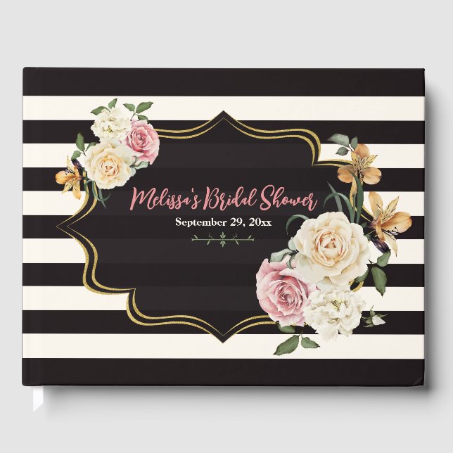 Black, Ivory, Gold Floral Bridal Shower Guest Book (Front)