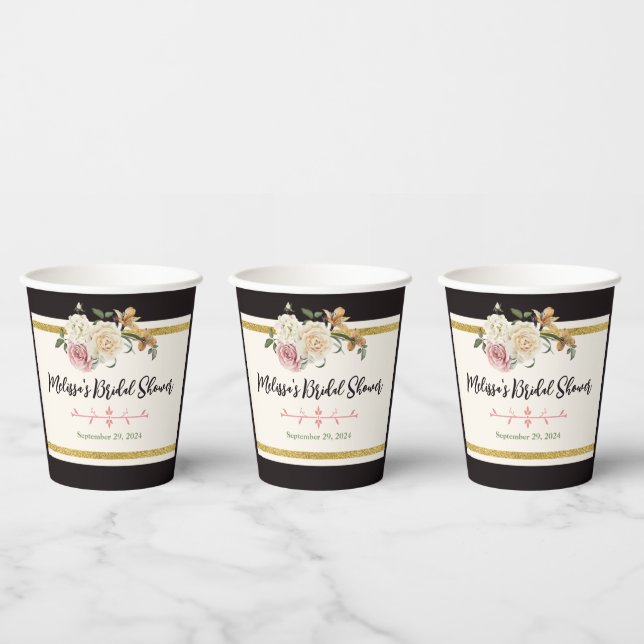 Black, Ivory, Gold Floral Bridal Shower Paper Cups (Multi)