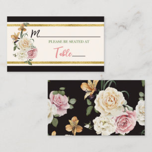 Black, Ivory, Gold Floral Bridal Shower Place Card