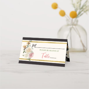 Black, Ivory, Gold Floral Bridal Shower Place Card